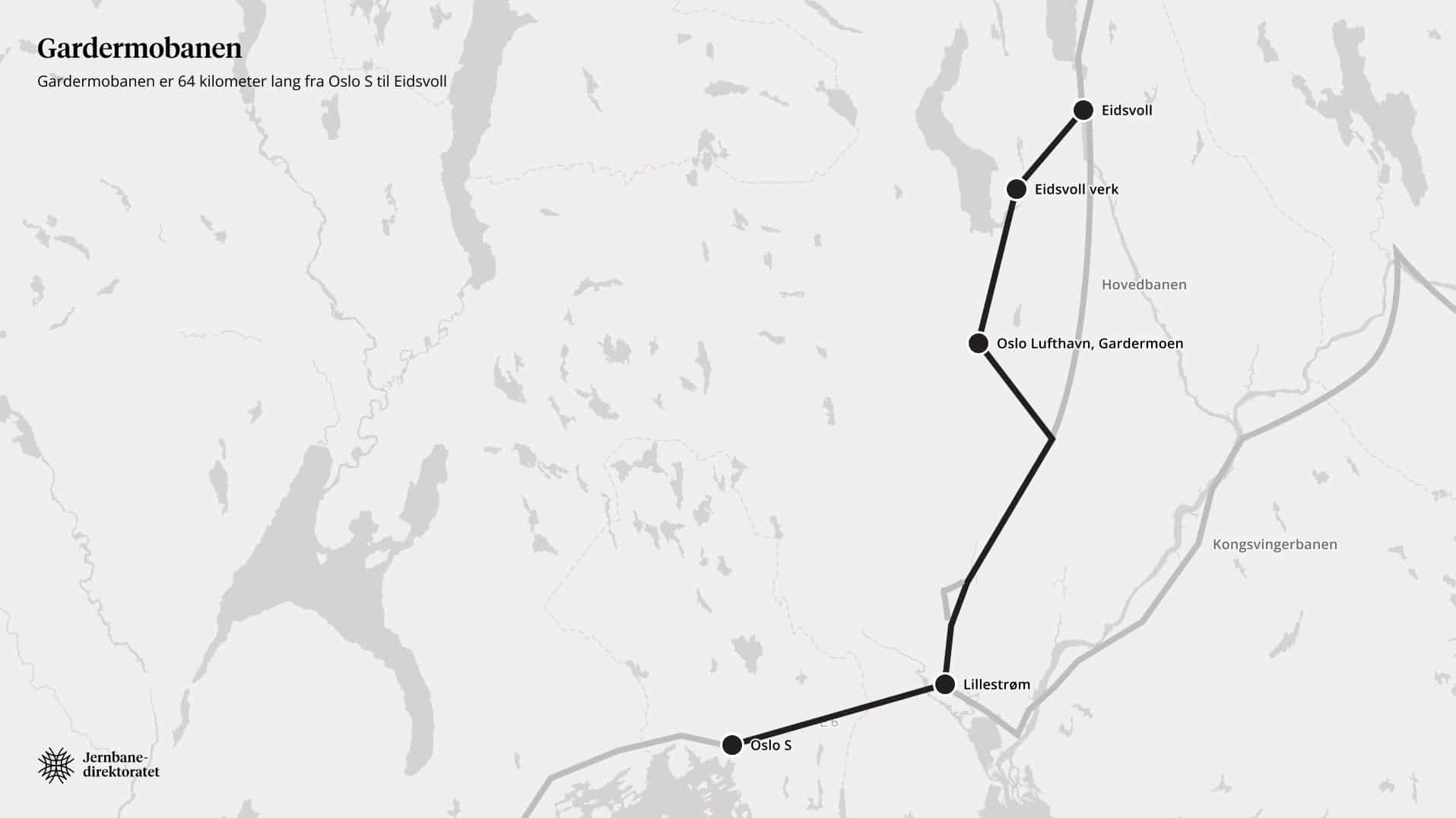 Kart over stasjoner på Gardermobanen