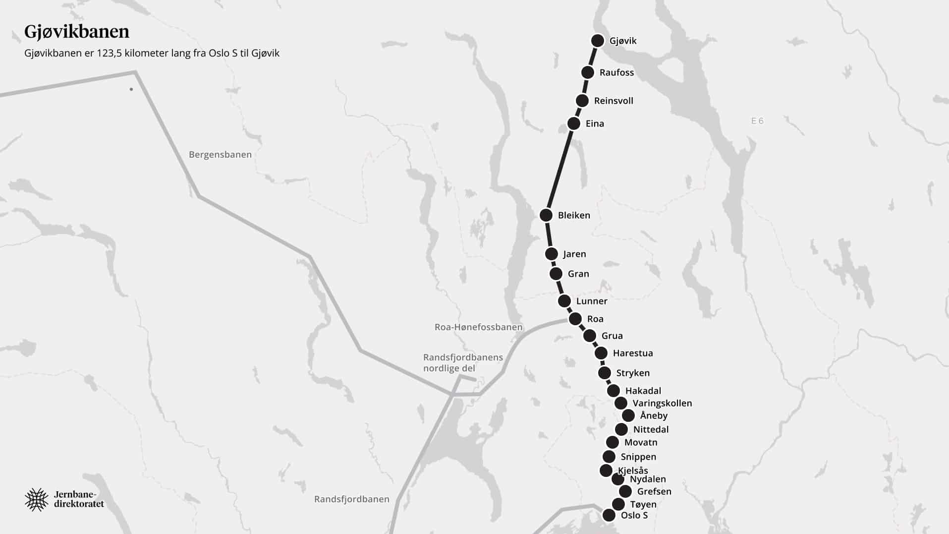 Kart over stasjonene på Gjøvikbanen