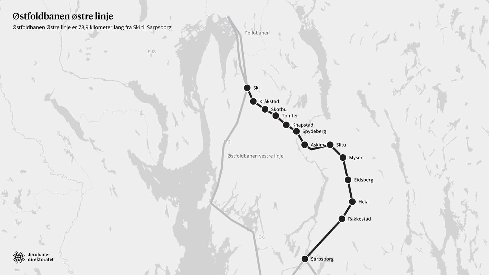 Kart over stasjonene på Østfoldbanen østre linje