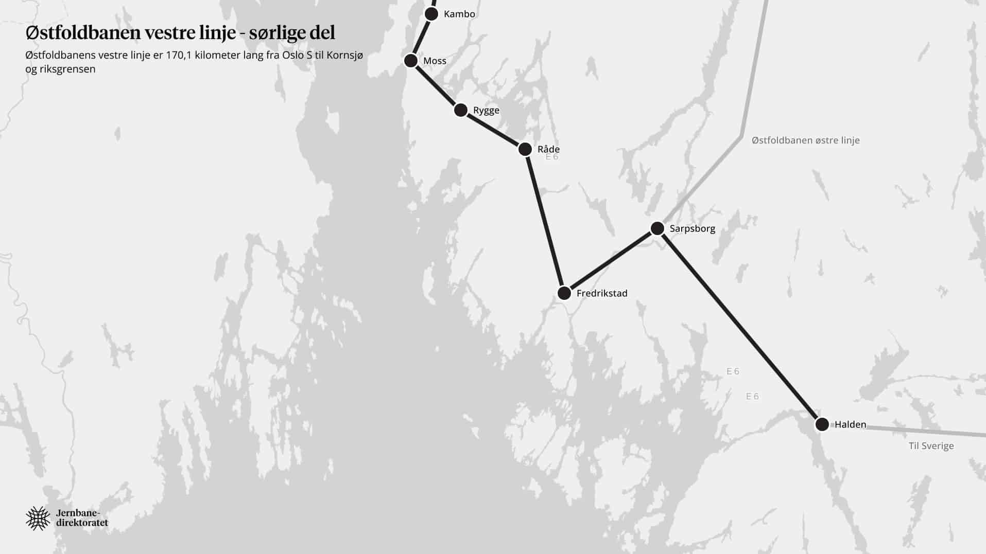 Kart over stasjonene på Østfoldbanen vestre linje sørlige del