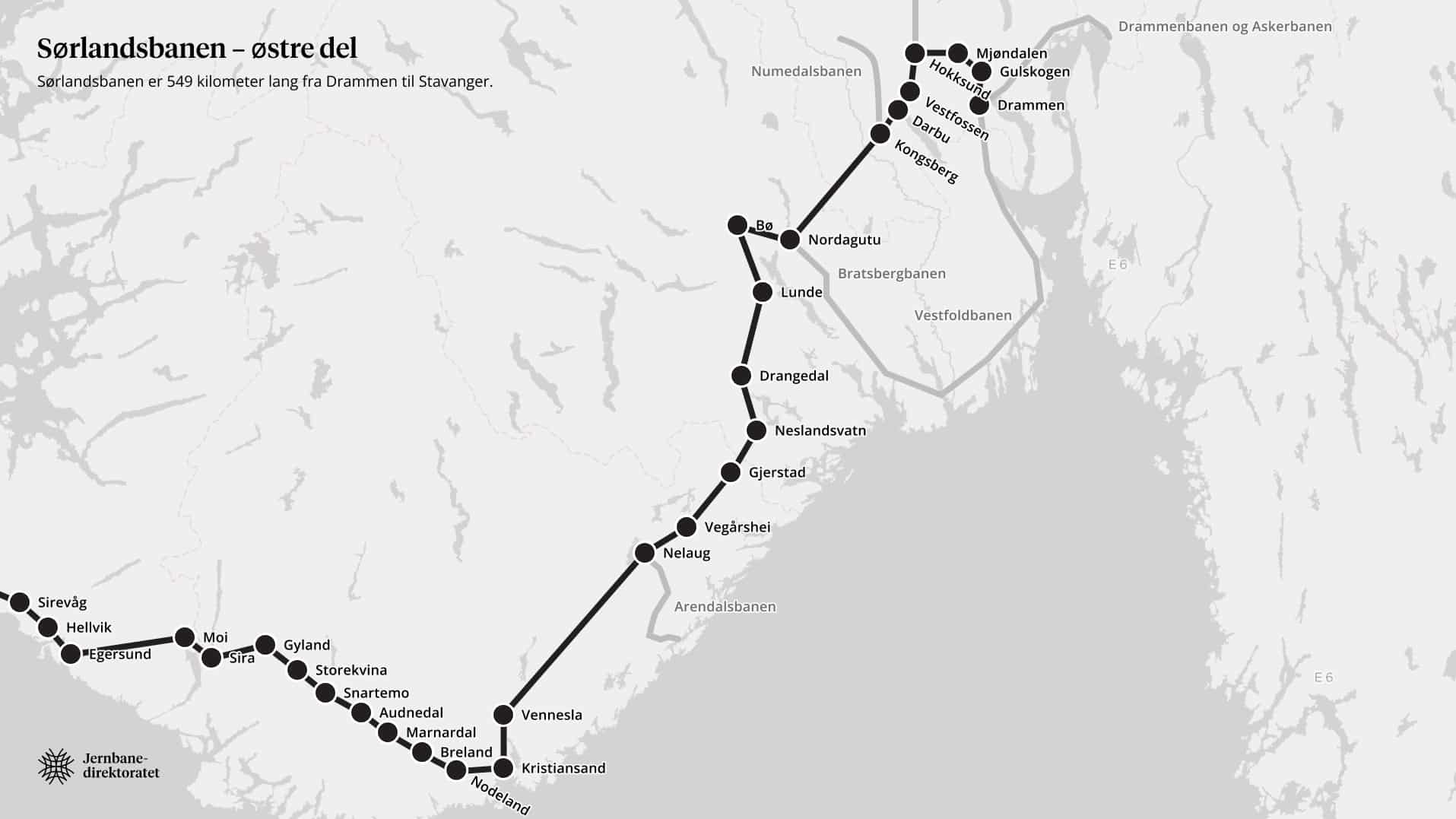 Kart over Sørlandsbanen østre del med stasjoner