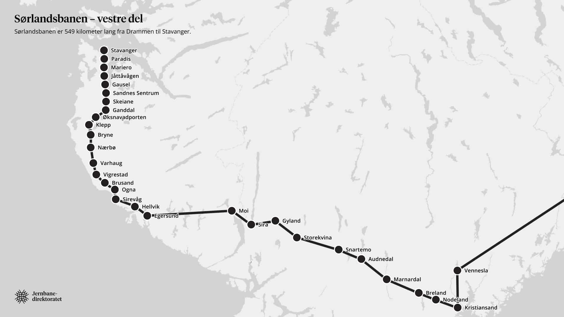 Kart over Sørlandsbanen vestre del med stasjoner