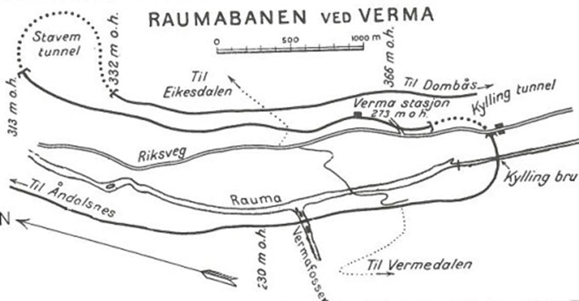 Ved Verma må Raumabanen ta i bruk begge dalsider for å overvinne høydeforskjellen opp fra dalbunnen.