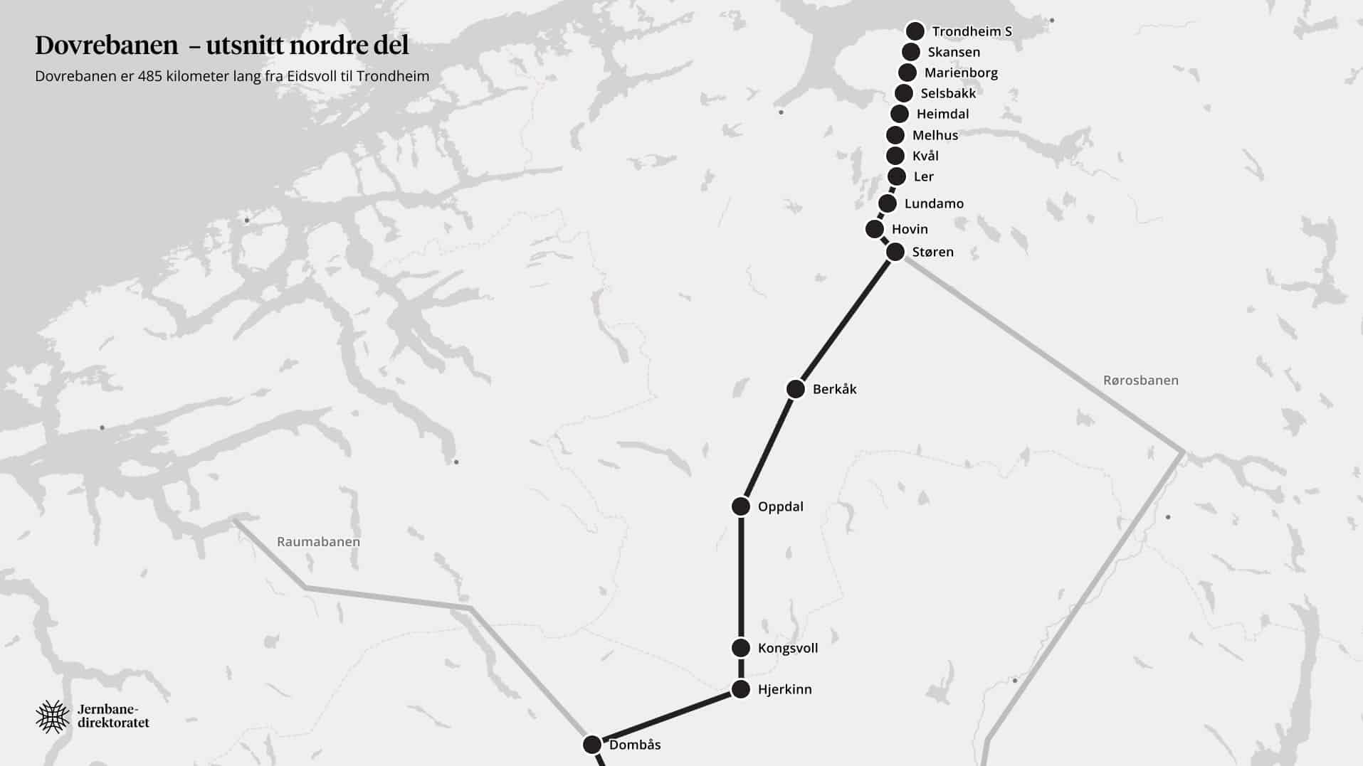 Kart over Dovrebanen nordre del med stasjoner.