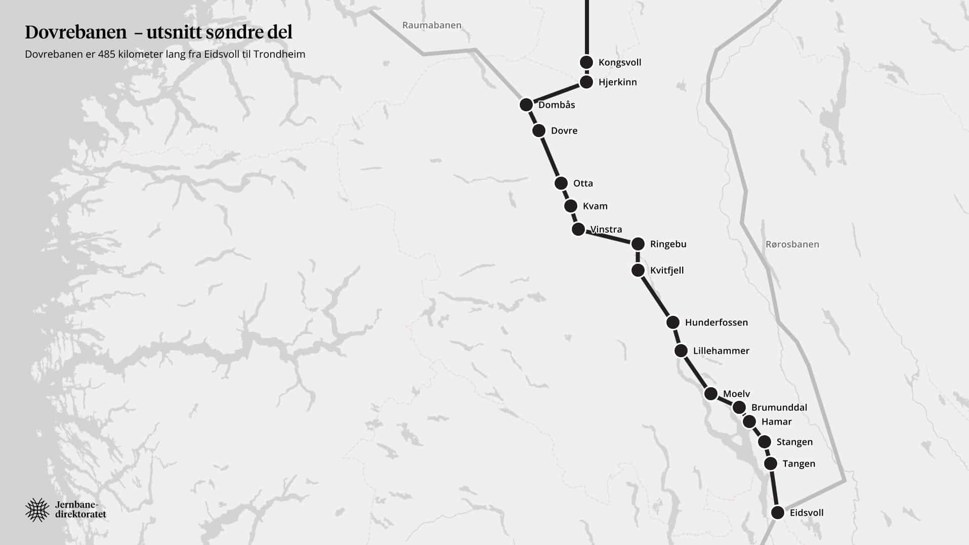 Kart over Dovrebanen søndre del med stasjoner.