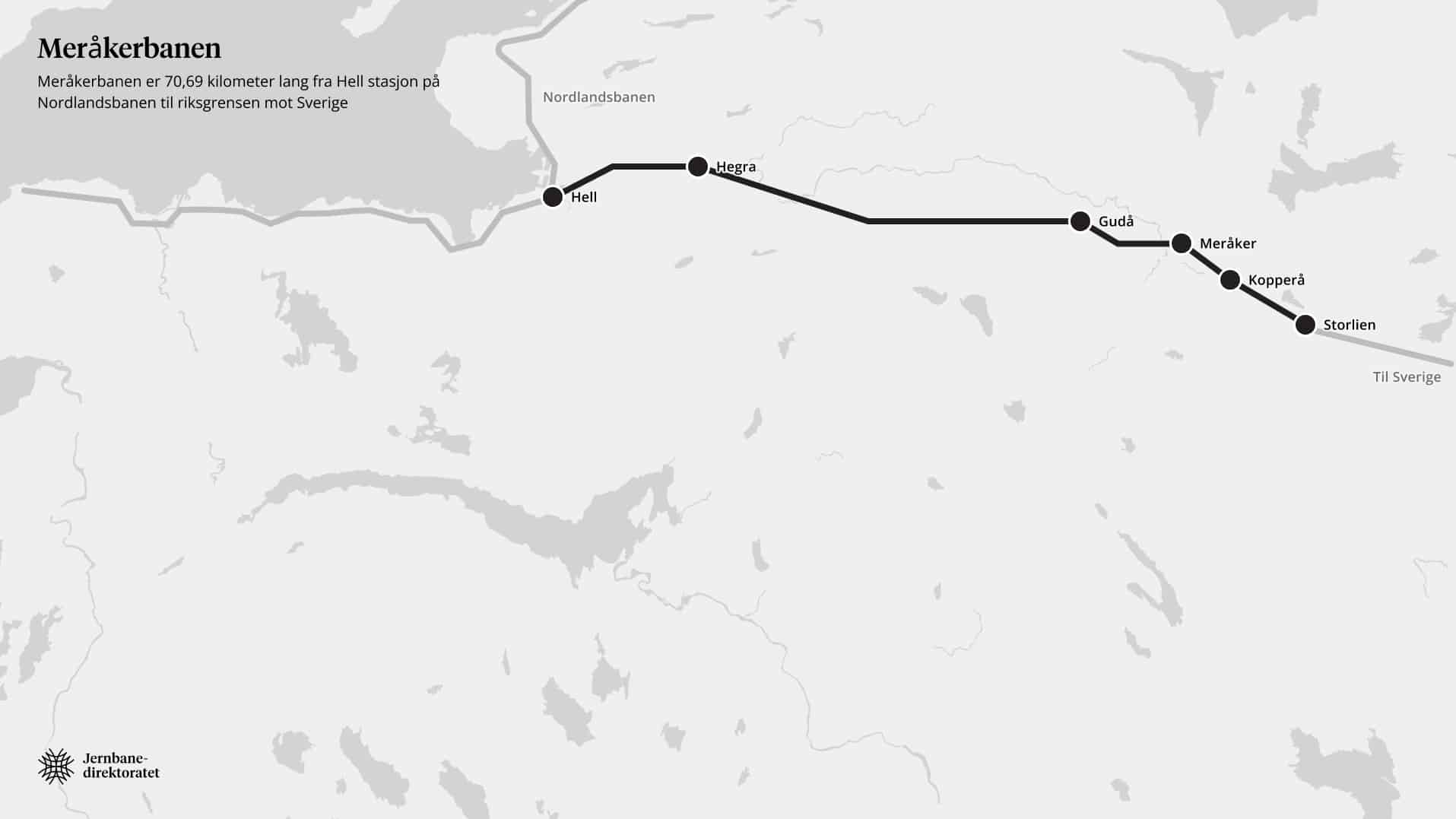 Kart over Meråkerbanen med stasjoner.