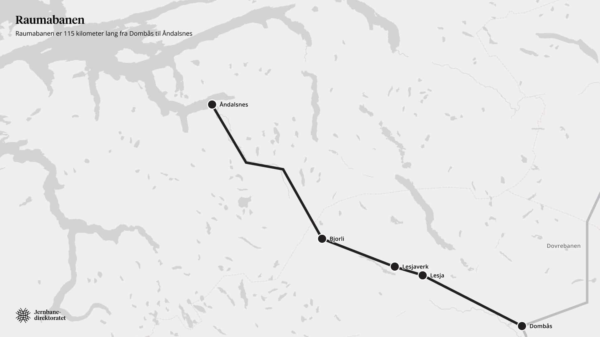 Kart over Raumabanen med stasjoner.