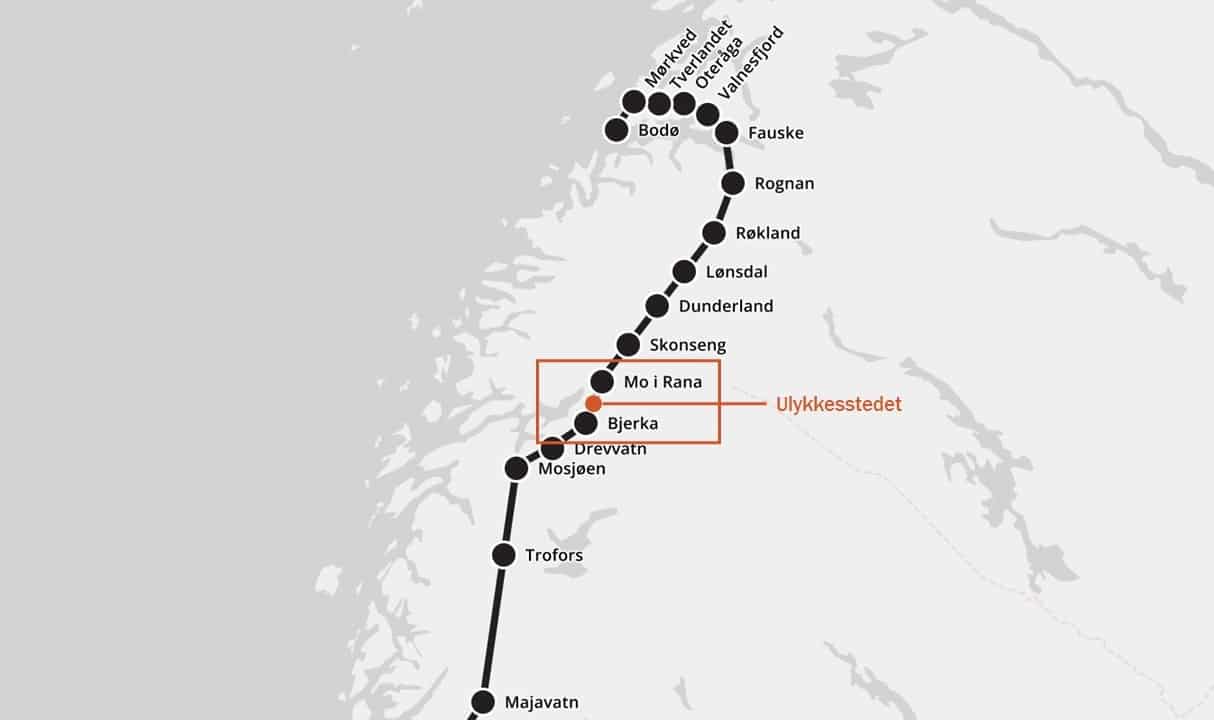 Kartillustrasjon ulykkessted Nordlandsbanen